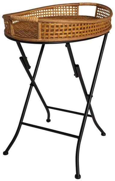 habeig Beistelltisch Serviertisch oval Bambus-Tablett 70 x 62 x 43 cm Klappbares Metallgestell, abnehmbares Tablett