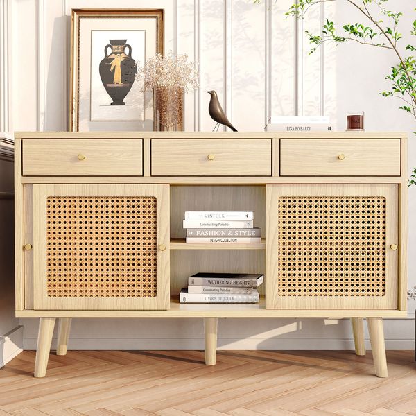 Sideboard H 78 x T 40 x B 120 cm, Eiche-Optik auf MDF, 3 Schubladen & 3 Türen, verstellbare Böden