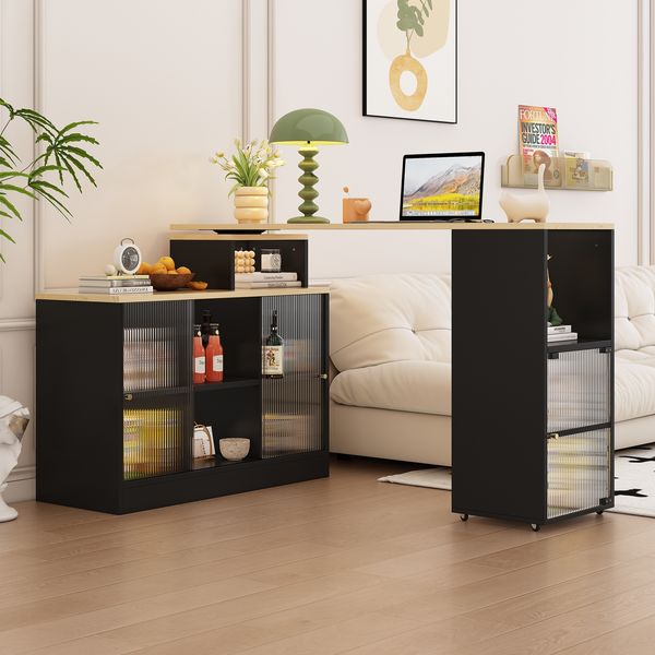 Ausziehbarer Bartisch Schwarz,H 90 x T 155 x B 100cm, 3-in-1 mit Stauraum, MDF & Glas, max. Traglast 30 kg