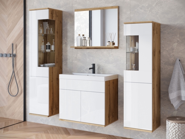 Badmöbel-Set Neskir (Farbe: Wotan Eiche / Weiß Hochglanz, ohne Beleuchtung)
