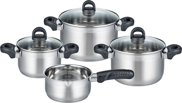 Elo Basic Topf-Set Turmalin, Edelstahl 18/10 (Set, 7-tlg, je 1 Fleischtopf Ø 16/20/24 cm, 1x Stielkasserolle Ø 16 cm), Öl-Dosiersystem, Induktion