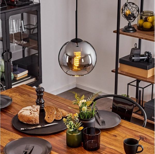 hofstein Hängeleuchte »Cesaro« Vintage Hängelampe aus Metall/Glas in Schwarz/Chromfarben, ohne Leuchtmittel, Retro Design, Schirm aus Glas (20cm), Höhe max. 152cm, 1xE27