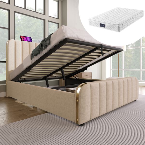 Polsterbett 140x200 cm mit Bettkasten, USB-/Typ-C-Anschluss, Leinen-Bezug, mit Matratze