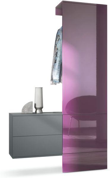 Garderobe Carlton Set 2, Wandgarderobe aus Deko-Paneel & hängender Schubladen-Kommode, Anthrazit matt/Brombeer Hochglanz (105 x 193 x 35 cm)