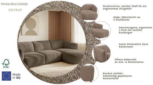 Home affaire Ecksofa OSTRUP Rundsofa, L-Form, Naturtöne, Boucle oder Chenille, Breite 280 cm, organische Form mit sanften Rundungen Bild 3