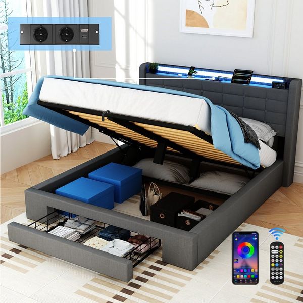 oyajia Stauraumbett LED Hydraulisches Doppelbett 140x200cm mit Ladefunktion (LED, USB- & Typ-C-Ladestation), 90/140/160 x200cm mit Ladefunktion und 1 Schubladen