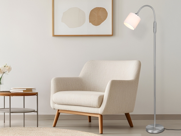 Kleine Stehleuchte TOMMY mit Flexarm & Stoffschirm Weiß, Höhe 130cm
