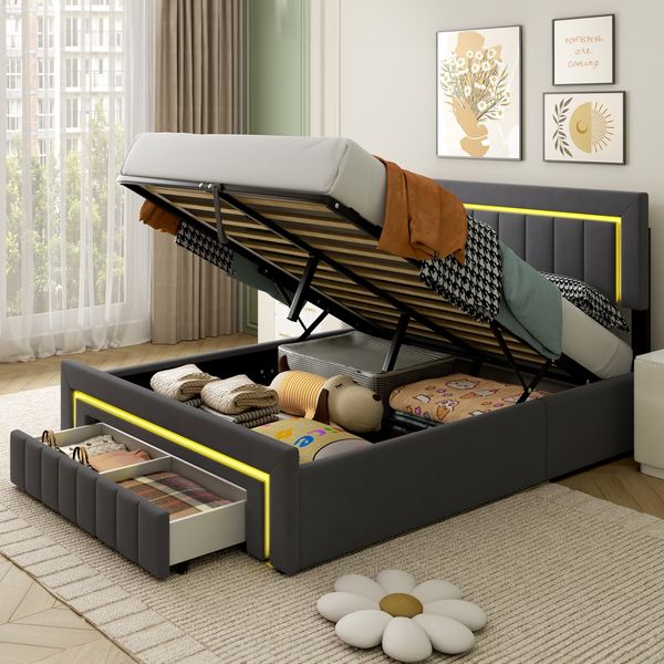 Polsterbett aus Velours 140x190 cm in Grau mit LED, Stauraum & Schublade