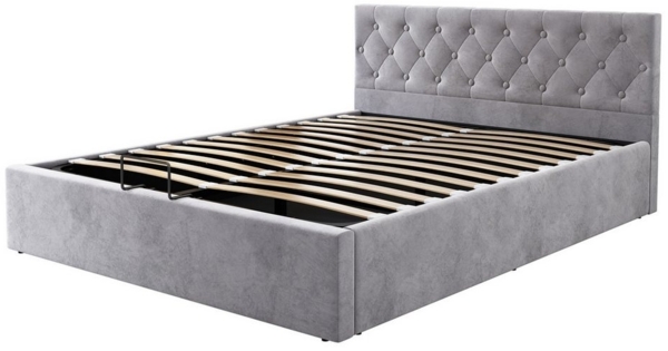 BlingBin Polsterbett Doppelbett, Stauraumbett, Jugendbett (1er Set, 1-tlg, 140x200 cm Samt Polsterbett, geknöpftes Kopfteil), hydraulisches Bett mit Stauraum, Lattenrost, Grau