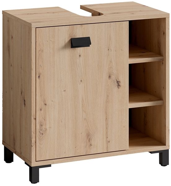 byLIVING Waschbeckenunterschrank WELLNESS / Waschtisch Unterschrank stehend, in Artisan Eiche, Griff aus Metall in schwarz / 1-türig und drei offne Fächer / B 60, H 62, T 34 cm