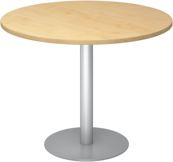 bümö Besprechungstisch, Esstisch klein, Tisch rund 100 cm - kleiner Esstisch Ahorn, Rundtisch Esstisch 2 Personen mit Holz-Platte, Säule aus Metall in silber, Konferenztisch, Bistrotisch, STF10-3-S
