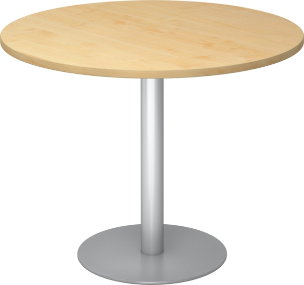 bümö Besprechungstisch, Esstisch klein, Tisch rund 100 cm - kleiner Esstisch Ahorn, Rundtisch Esstisch 2 Personen mit Holz-Platte, Säule aus Metall in silber, Konferenztisch, Bistrotisch, STF10-3-S