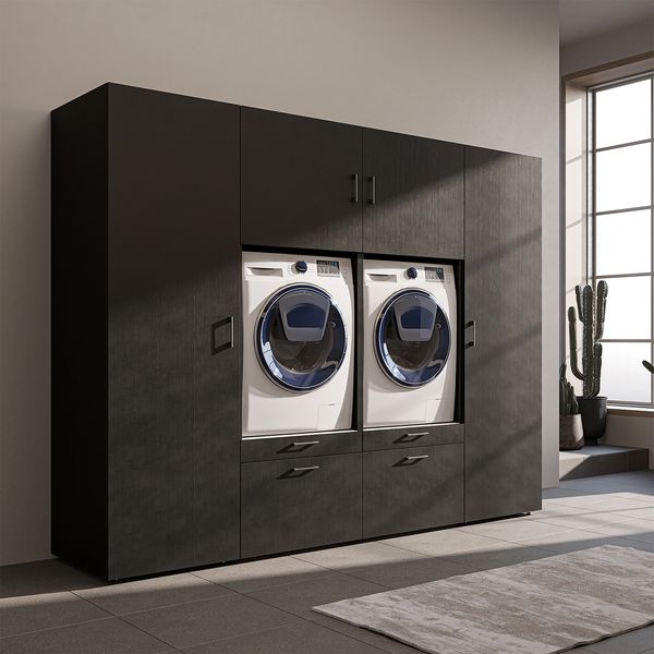 Roomart Waschmaschinenschrank SERIE-III Schrankwand 254 cm – 2 Geräte, Soft-Close | • Schwarz-Eiche