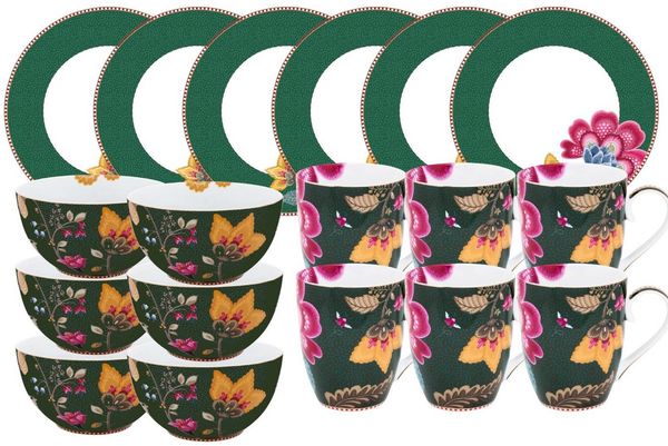 PiP Studio Geschirr-Set Fantasy Green Frühstücks Set Henkelbecher 18tlg, Porzellan
