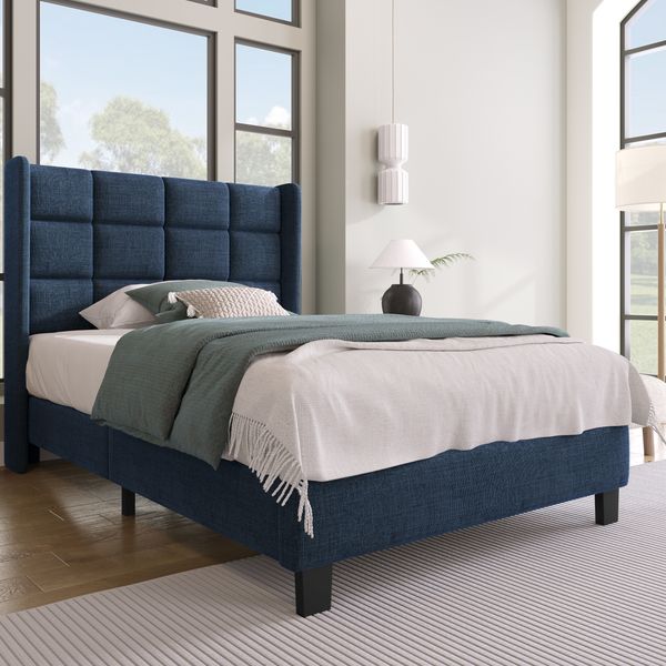 Polsterbett 90×200 cm aus Leinen-Stoff mit Lattenrost, blau