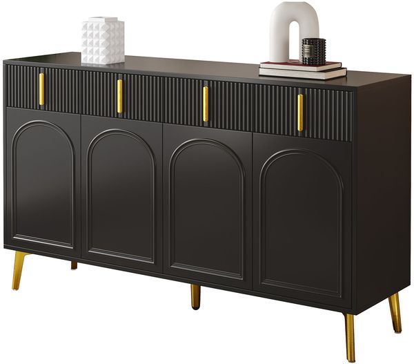 Sideboard mit goldenen Griffen und Beinen, 4 Türen, 4 Schubladen, mit herausnehmbarem Laminat, geeignet für Wohn- und Esszimmer, 140*38*82 cm.