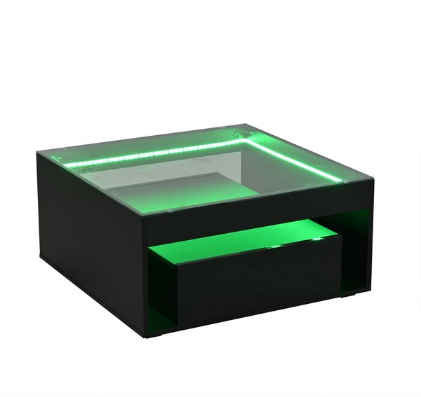 Couchtisch 70x70x35 cm mit 2 Schubladen, Glasplatte, LED und offenem Mittelfach, Schwarz Bild 6