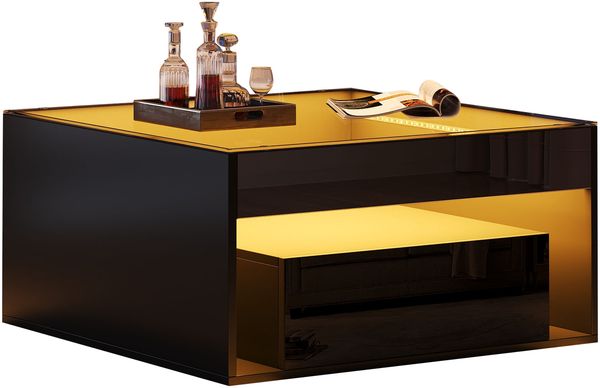Couchtisch 70x70x35 cm mit 2 Schubladen, Glasplatte, LED und offenem Mittelfach, Schwarz Bild 7