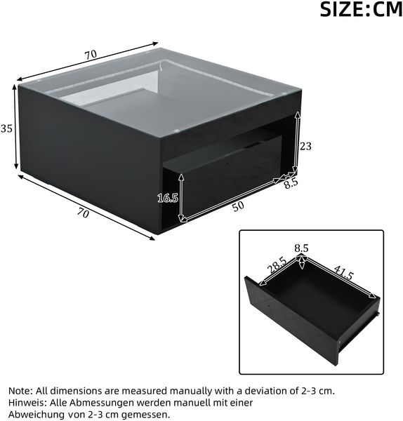 Couchtisch 70x70x35 cm mit 2 Schubladen, Glasplatte, LED und offenem Mittelfach, Schwarz Bild 5