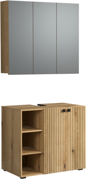 trendteam smart living - PureBliss - Badmöbel-Set Waschbeckenunterschrank + Spiegelschrank - Evoke Eiche - Rillenoptik - (BxHxT) 90 x 186 x 53 cm - Badezimmermöbel mit edlen Metallgriffen