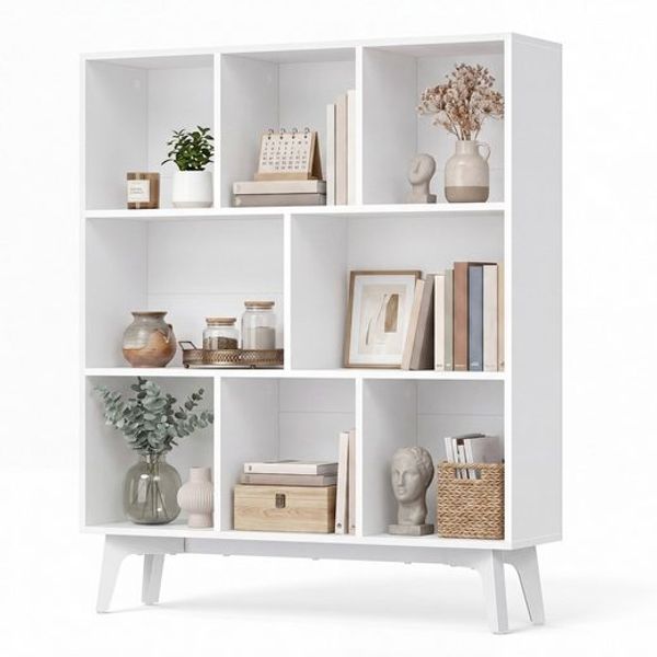 VASAGLE Bücherregal Standregal mit 8 Fächern Holzregal Mid-Century Modern 90 x 24 x 107,4 cm Weiß
