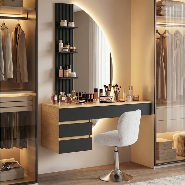 HOMALL Schminktisch Hängender Schminktisch mit drei einstellbaren Farbtemperaturen (LED-Silikon-Lichtleiste in drei Farben, Maße: 106 × 40 × 143 cm, mit 3 offenen Ablagefächern und 2 Schubladen, für vielfältige Einsatzmöglichkeiten geeignet)