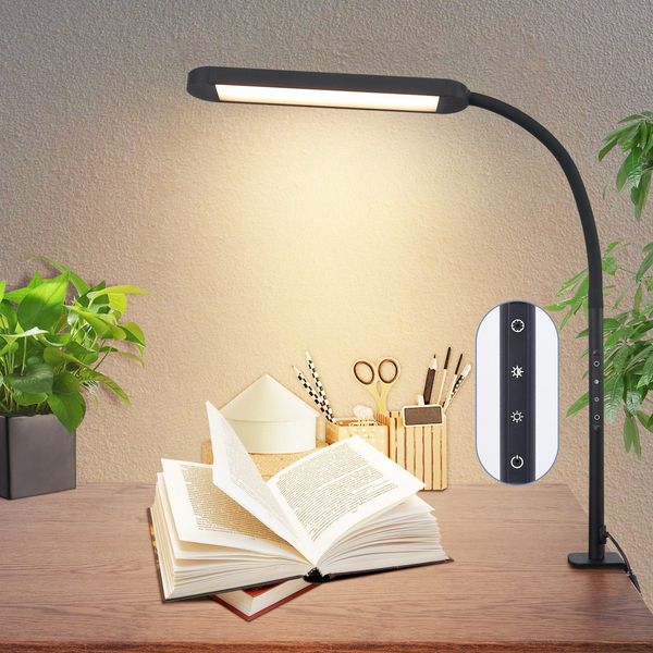 ZMH Schreibtischlampe LED Klemmbar - Dimmbar Schreibtischleuchte Schwarz 5 Farben und 5 Helligkeitsstufen 11W Tageslichtlampe Augenschutz Schwanenhals Tischlampe für Büro Arbeitszimmer Schneider