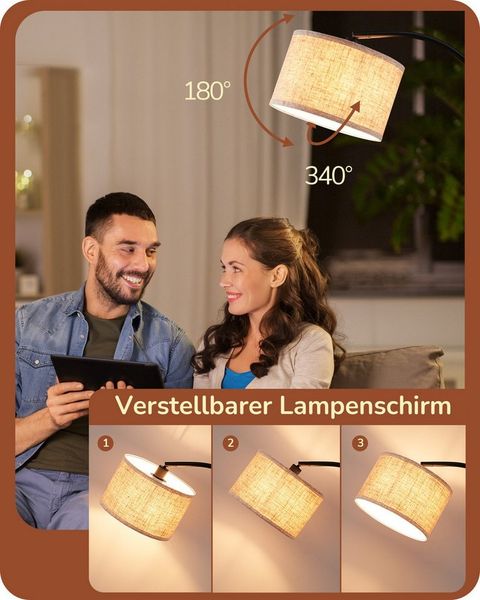 EDISHINE Stehlampe Wohnzimmer, mit E27 LED-Glühbirne, warmweiß, 161cm Bogenlampe mit Leinen-Lampenschirm
