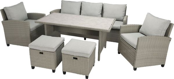 KONIFERA Gartenlounge-Set Amsterdam XL, (Set, 16-tlg), bestehend aus 2 Sesseln, 2 Hocker, 1 Sofa, 10 Kissen,1 Tisch