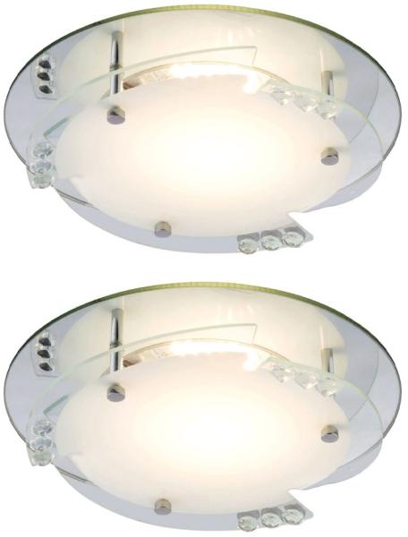 2er Set LED Deckenleuchte, Glas weiß, Kristalle, D 25 cm