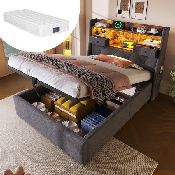 Polsterbett Einzelbett, hydraulischer Stauraum mit LED-Kopfteil und USB/Type-C-Ladestation, inkl. Lattenrost und Matratze, Leinenstoff, Grau, 90 x 200 cm