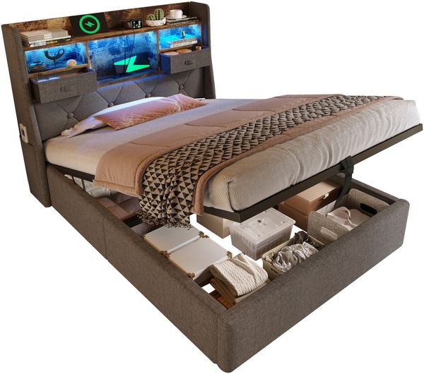 Polsterbett Einzelbett, hydraulischer Stauraum mit LED-Kopfteil und USB/Type-C-Ladestation, inkl. Lattenrost und Matratze, Leinenstoff, Grau, 90 x 200 cm Bild 8