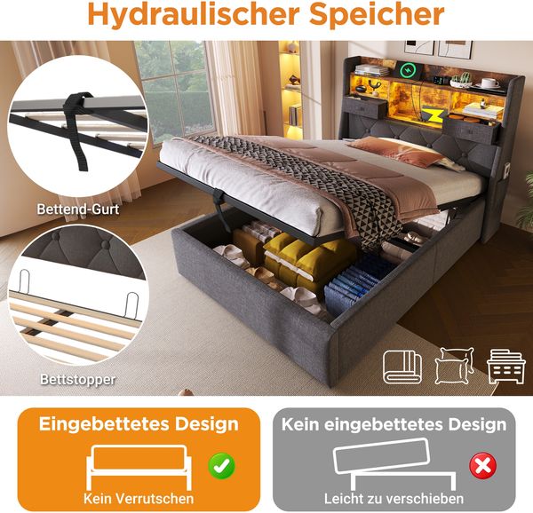 Polsterbett Einzelbett, hydraulischer Stauraum mit LED-Kopfteil und USB/Type-C-Ladestation, inkl. Lattenrost und Matratze, Leinenstoff, Grau, 90 x 200 cm Bild 4