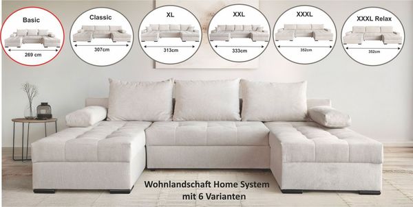 OTTO home Wohnlandschaft Home System U-Form, von B: 269-352 cm wählbar, 6 Varianten zur Auswahl, Bettfunktion, Bettkasten & Zierkissen, Federkern
