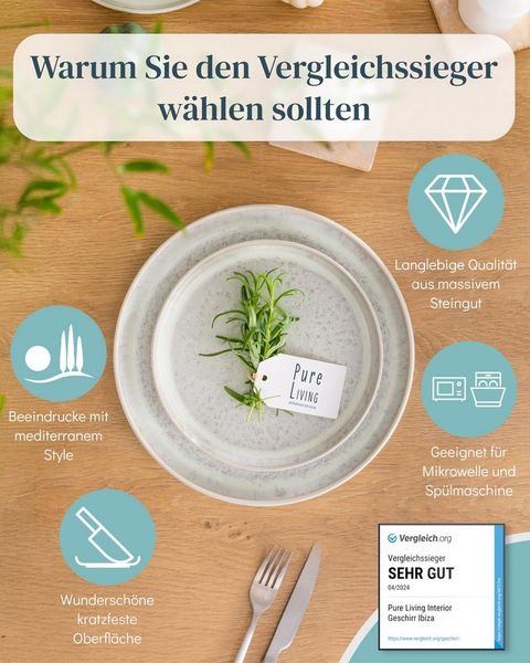 PURE LIVING INTERIOR DESIGN Geschirr-Set 6 Pers. - Steingut Geschirr Set - Schüssel- und Teller Set (24-tlg), 6 Personen, Steingut, Hochwertiges Mediterranes Kombiservice 6 Personen Geschirrsets