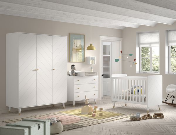 BILLY Babyzimmer-Set, best. aus Kommode, Wickelaufsatz, Babybett 60x120 cm u. Kleiderschrank 3-trg, MDF Satin Weiß lackiert