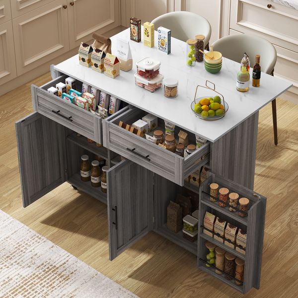Sideboard 129x46x91,5 cm mit klappbarer Arbeitsplatte, Schubladen & Rollen, MDF in Grau und Weiß