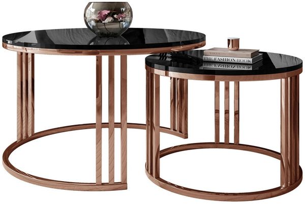 Lookway Couchtisch LORI 2in1 Couchtisch-Set in Hochglanz mit Kupfergestell (2er Set), Durchmesser: ⌀70 cm und ⌀50 cm