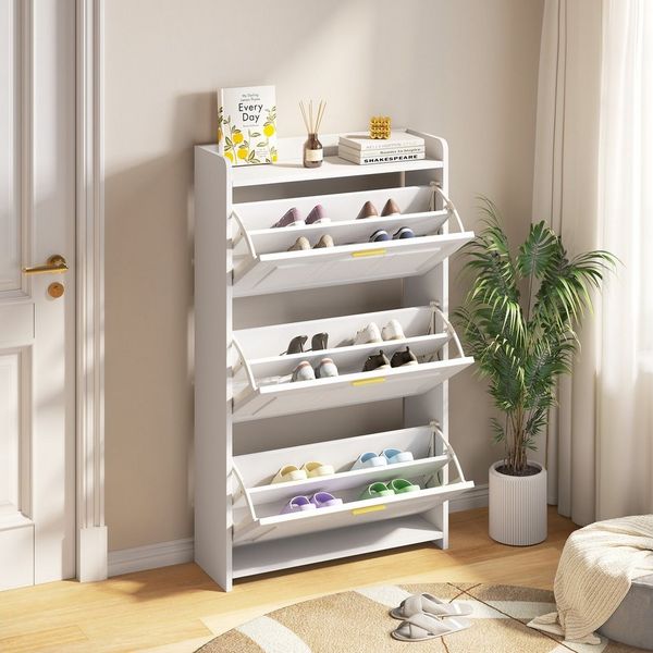 MODFU Schuhschrank Kompakter Flurschuhschrank, platzsparend 24 cm tief (Wohnzimmerschrank, 1-St, Durch verstellbare Breite an verschiedene Raumsituationen anpassbar) In Weiß, mit 3 Klapptüren pro Modul und 6 Schuhfächern(1-tlg)