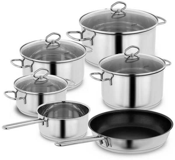 Kopf Topf-Set Merkur 6-tlg, Edelstahl (6-tlg), Kochtopfset Induktion, mit Schüttrand, Literskala und Glasdeckel