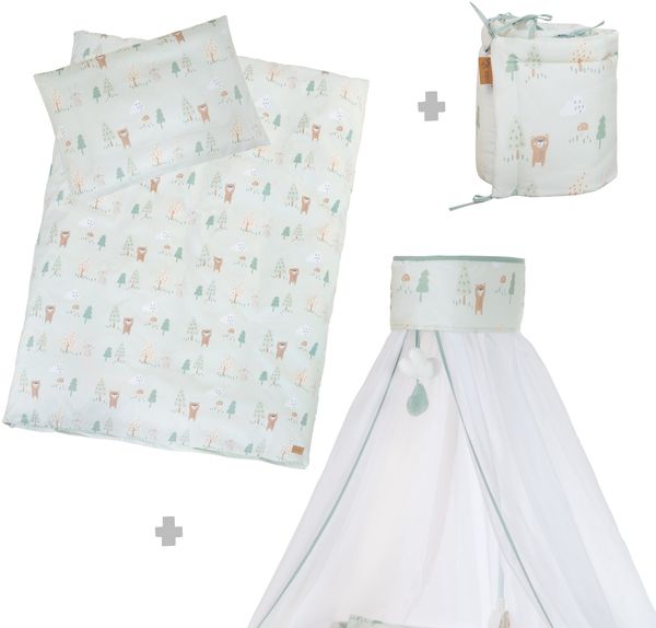 roba Kinderbettgarnitur 'Woodland Buddies' 4-teilig - Himmel, Nestchen & Bettwäsche - Pastellgrün