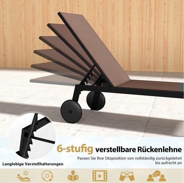 COSTWAY Gartenliege, 2 St, Liegestuhl mit Rollen, 6-stufig verstellbar
