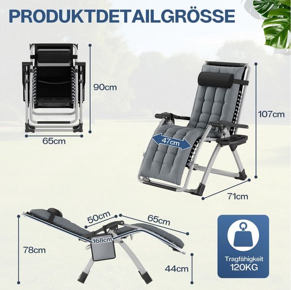 Huracan Gartenliege Sonnenliege Klappbar, Gartenliege Wetterfest mit Ergonomisches Polster, 1 St, Strandliege Verstellbare Rückenlehne, Liegestuhl Garten mit Nackenkissen Getränkehalter Seitentasche