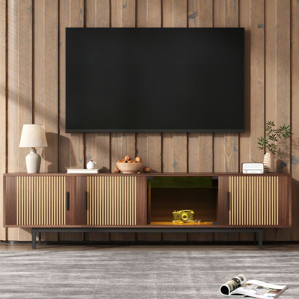 TV-Möbel mit LED-Lichtleiste und Tür aus gehärtetem Glas,200×35×53 cm,nussbraun und schwarz,modernes Design, viel Stauraum
