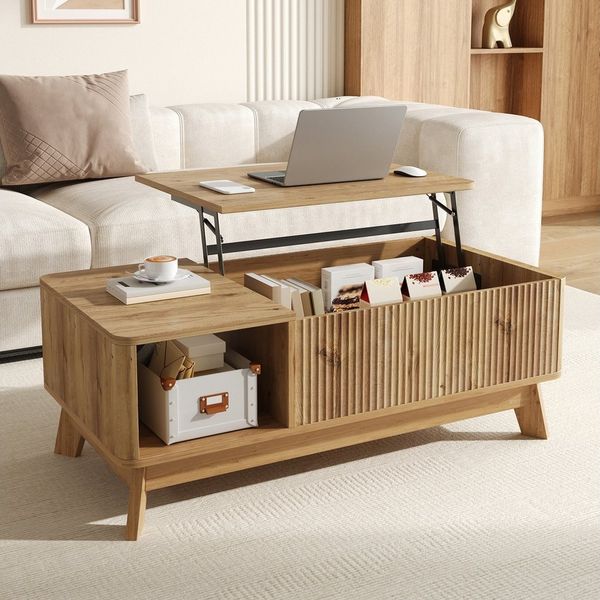 HAUSS SPOLE Couchtisch mit Hubfunktion,Couchtisch Sofatisch mit verstecktem Stauraum,Natur, Höhenverstellbare Tischplatte flexibel nutzbar