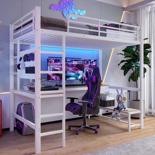 Hochbett mit Eckschreibtisch, LED-Streifen, Regal und USB+Typ-C, 90x200 cm, Metallbett mit Rausfallschutz, Kinderbett