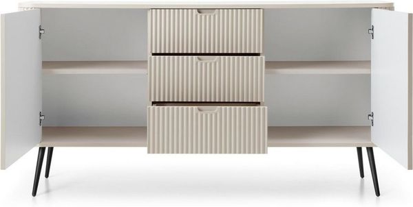 Lomadox Sideboard ZARA-160, in Kaschmir beige Rillen gerillt Metallfüße schwarz 168 x 87 x 39 cm