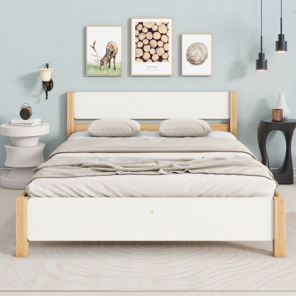 Doppelbett, Holzbett, Kiefernholzrahmen mit Mittelfuß, Jugendbett, Erwachsenenbett, mit Kopf- und Fußteil aus MDF, Weiß + Natur, 140x200 cm