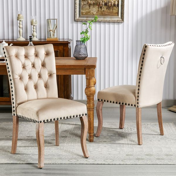 Esszimmerstuhl 2er Set mit samtgepolstertem Massivholzgestell, Kupfernägeln und modernem Design als komfortabler Sessel, beige