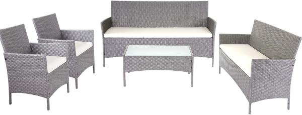 3-2-1-1 Poly-Rattan Garten-Garnitur Halden, Lounge-Set Sitzgruppe Sofa ~ grau, Kissen creme